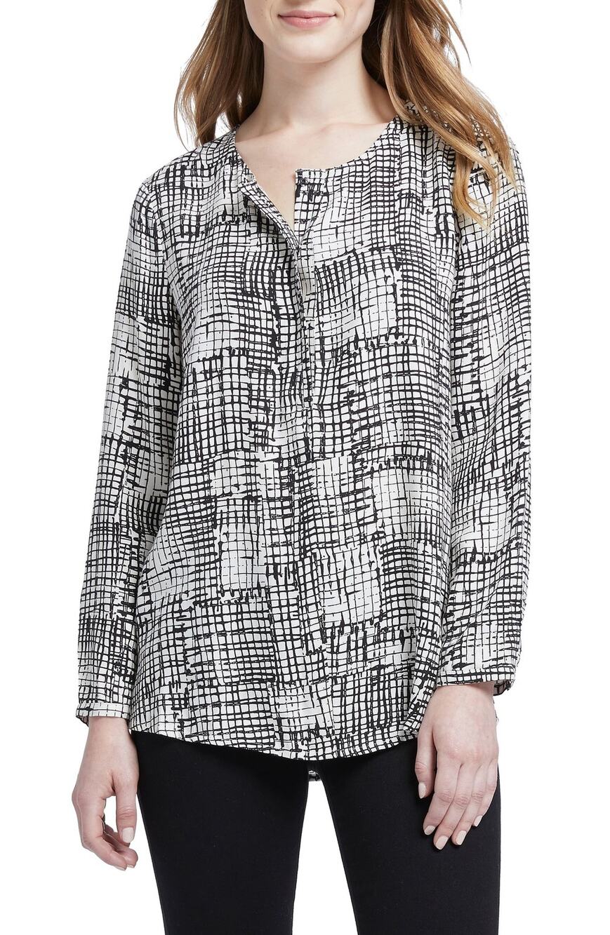 Nic + Zoe Women's Black/White Print Fine Tune Modesty Snap Long Sleeve Top SZ M